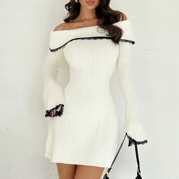 White Elegant Women's Sexy Lace Patchwork Off Shoulder A-Line Mini Dress - Picture 4 of 7